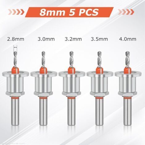Ensemble de 5 forets à chanfreiner, foret à fraiser conique de 8 mm pour bois, clé hexagonale et vis pour percer le bois (2,8, 3,0, 3,2, 3,5, 4 mm)