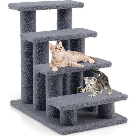 COSTWAY Tiertreppe Katzentreppe, Kletterbaum Katzenbaum, Treppe für Katze bis 25 kg, Haustiertreppe Klein, Spielbaum 4 Aussichtplattformen, 61 x 41 x 60 cm, Spanplatte (grau) (1/5)