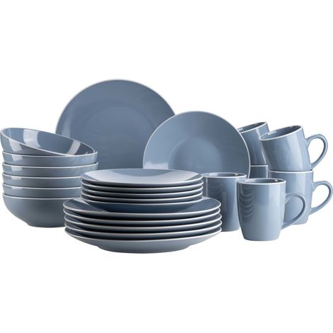 Série Elissa Service de table moderne pour 6 personnes, bleu avec bord blanc, 24 pièces, en grès (1/5)