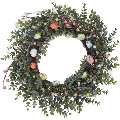 Künstlicher Osterkranz (45 cm Durchmesser) mit pastellfarbenen Eiern und bunten Beeren für die Haustür