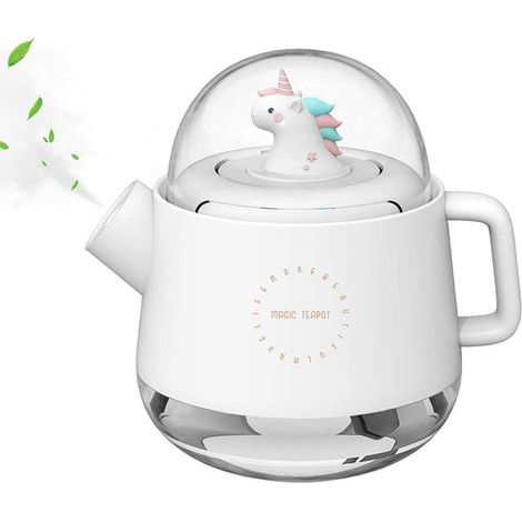 Humidificador ultrasónico con luz nocturna, mini difusor de aceites esenciales, diseño de tetera mágica para habitaciones de bebés, habitaciones infantiles y el hogar (Unicornio) Blanco (1/5)