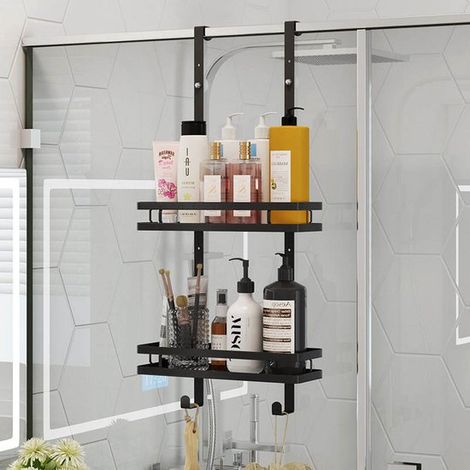 Étagère de rangement pour salle de bain avec porte en verre pour salle de douche, étagère de rangement et d'organisation à double niveau, étagère de rangement pour salle de bain sans perçage en gros. (1/5)