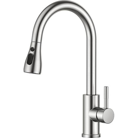Robinet de cuisine, robinet avec douchette extractible, robinet en acier inoxydable à tirette, argent (avec tuyau d'arrivée d'eau de 3/8")