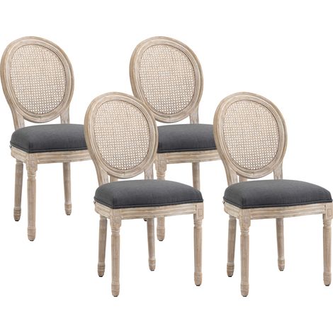 Lot de 4 chaises de Salle à Manger HOMCOM Chaise de Salon médaillon Style Louis XVI - Bois Massif sculpté Lin Gris (1/5)