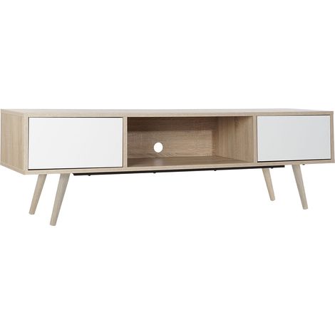 Meuble TV en bois de MDF coloris blanc / naturel - Longueur 160 x Hauteur 50 x Profondeur 40 cm -PEGANE- (1/4)