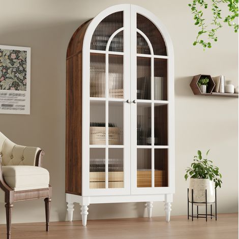 Vitrina arqueada (76x38.5x165 cm), puertas de vidrio acanalado, 3 estantes, estilo vintage, MDF blanco (1/5)