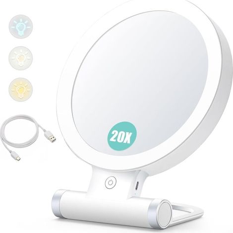 Magnifying Mirror with Light, 20x/1x Double Sided Portable Makeup Mirror, 3 Color Illumination, Dimmable Touchscreen MUMU (1/4)