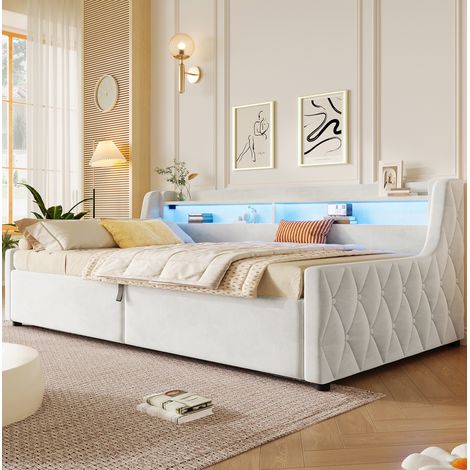 Cama con baúl 90x200 cm en terciopelo blanco roto con cabecero LED y almacenaje bajo el somier, sin colchón (1/5)