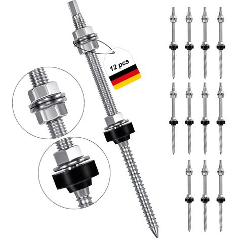 Lot de 12 vis à double filetage M10 x 200 mm Installation PV en acier inoxydable réglable en hauteur Chevilles pour photovoltaïque Fixation solaire sur les toits de bâtiments Matériau : acier (1/5)