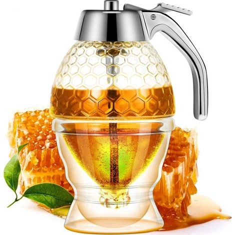 Distributeur de miel en acrylique avec support, système anti-goutte, robuste et facile à utiliser, hauteur 15 cm, capacité 200 ml (1/5)