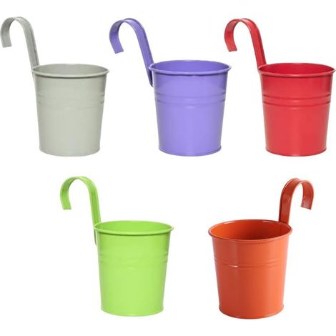 Lot de 5 pots de fleurs, métal, crochet inclus, multicolore, drainage, balcon, jardin