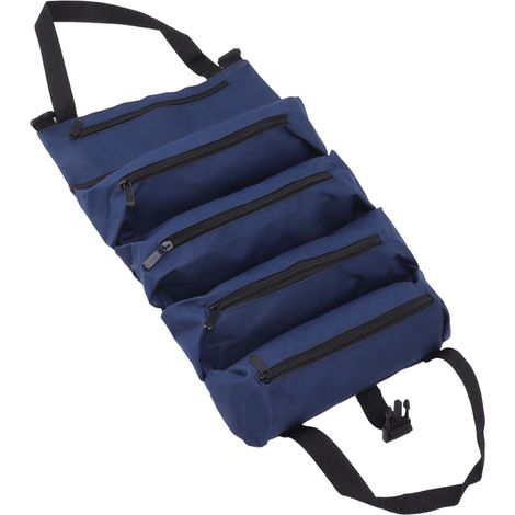 Sac à outils enroulable 5 poches zippées, portable, en tissu Oxford, pour électriciens, charpentiers et plombiers, bleu (1/5)