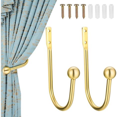 Set of 2 Metal Curtain Tiebacks, Curtain Tiebacks, Wall Hooks for Fixed Curtains or Hanging Items, Gold