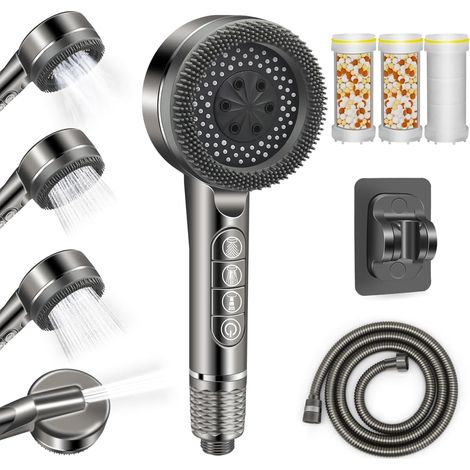 Pommeau douche filtrant haute pression 4 jets économie d'eau filtre coton PP argent robinet (1/5)