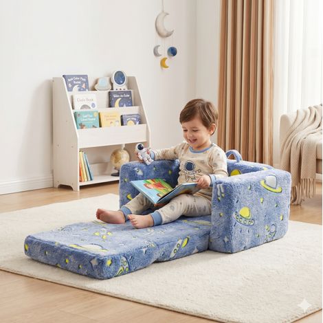 Sofá infantil plegable, superficie suave, diseño luminoso con astronautas y cohetes, tela y metal, azul verde y blanco (1/5)