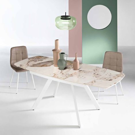 Tavolo moderno allungabile a 210 cm base metallo e piano effetto Marmo Pandora TERENCE (1/2)