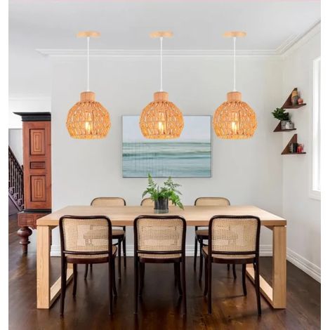 Lot de 3 Rétro Lampe Suspension Cage E27 Lustre Luminaire Abat-jour en Rotin Brun Plafonnier Industriel pour Salon Chambre (1/5)