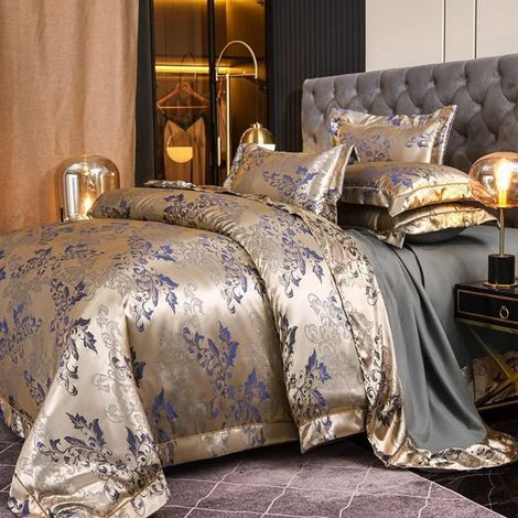Bettwäsche-Set Satin Jacquard Gold Blau 220x240cm mit 2 Kissenbezügen 80x80cm
