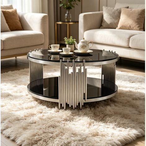 table basse ronde verre trempé 2 niveaux acier OKMYHOME (1/5)