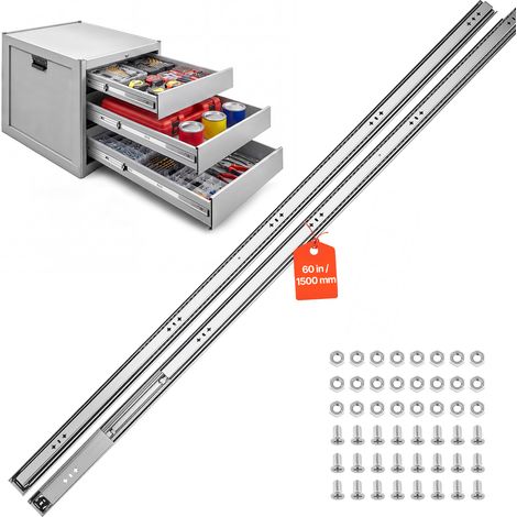 VEVOR Guías para Cajones 150 cm 120,2 kg Correderas para Cajones Laterales, con Extensión Completa de 3 Secciones, Rodamientos de Bolas, 1 Par, Tornillos y Tuercas para Armarios, Cocinas y Caravanas (1/5)