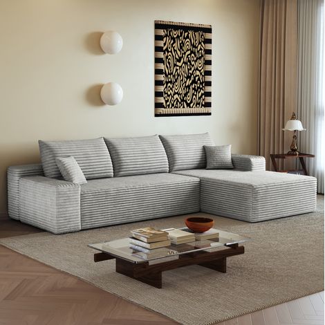 Divano angolare modulare 270 cm in tessuto grigio con chaise longue, senza montaggio – MEUBLIV (1/5)