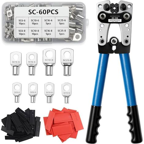 Pince à Sertir pour Cosses 10-1/0 AWG (6-50mm²) - Avec 60 Bornes à Anneau en Cuivre + 60 Gainettes Thermorétractables - Outil de Crimpage Électrique à Cliquet Multifonction (1/5)