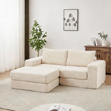 Canapé-lit modulable en velours côtelé beige avec pouf (1/5)