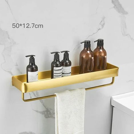 Étagère de salle de bain avec crochet (50 cm) - Étagère de douche/baignoire en aluminium brossé doré - Étagère d'angle murale en aluminium noir - Support de rangement pour cuisine (1/5)
