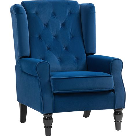 Retro Blue Wingback Accent Chair,Upholstered Button Tufted Occasional Chair for Living Room and Bedroom Decor