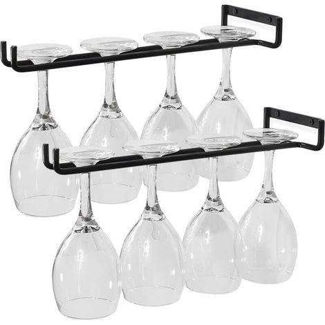 Porte-verre à vin suspendu 2 pcs – Support en métal noir pour 4 verres – Installation facile – Idéal pour cuisine et bar –