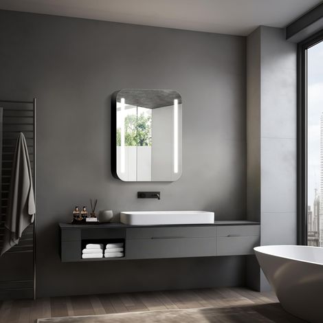 Armoire de Toilette Lumineuse Linea 60x70 cm - Meuble de Salle de Bain avec Miroir et 2 étagères - Aluminium - Fond Miroir (1/5)