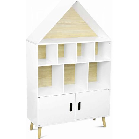 Children's house-shaped bookcase with storage, Tobias, White, 80.5x30x133 cm