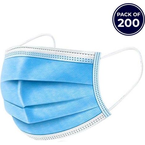 Dapetz ® Disposable Face Masks 3 Ply Triple Layer Dustproof Mouth Nose Cover Breathable Fluid Resistant Comfortable Elastic Ear Loops Men Women One Size Fits All Blue 200PC (1/5)