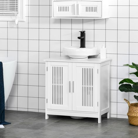 Mobiletto sottolavabo Kleankin - 2 ante scanalate con ripiano regolabile - Maniglie in lega di alluminio - Dimensioni: 60L x 30W x 60H cm - MDF bianco