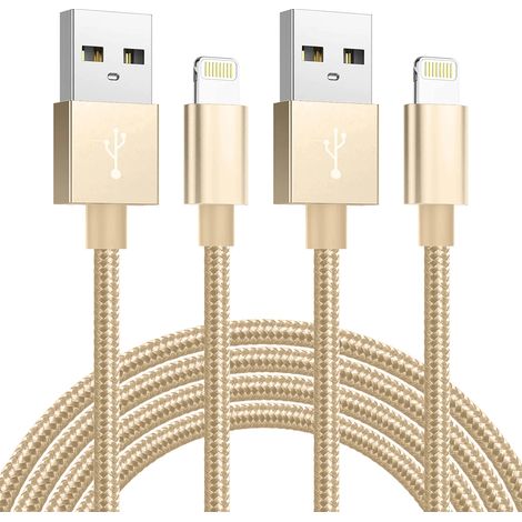 Lot de 2 câbles USB pour iPhone 14, 13, 12, 11 Pro Max, X, XR, 6s, 7, 8 Plus et iPad. Câble de 1 m pour charge rapide et transfert de données. Couleur or. (1/5)