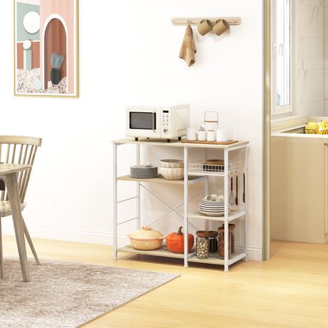 Étagère Cuisine Panier Crochets Plateaux Étagères Réglables Mobilier Intérieur Chêne Blanc 90x40x84,5cm (1/4)