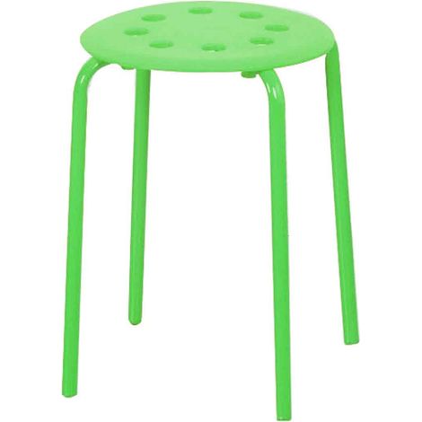 Tabouret rond en plastique coloré, 8 trous, structure tubulaire en acier, stable et empilable, vert, idéal pour le salon et la salle à manger. (1/5)
