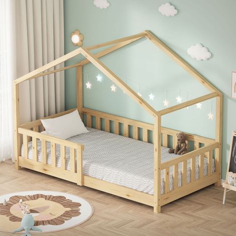 ML-Design Cama Infantil Casa 80x160 cm Madera Natural Maciza de Pino, Casita Estilo Montessori con Somier de Láminas, Techo y Protección Anticaída, Cuna Baja de Suelo para Niños, Litera Junior (1/5)
