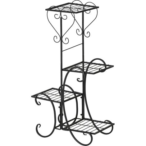 Support fleurs métal 4 niveaux noir 45x24,5x80 cm, étagère plantes balcon jardin stable décoratif