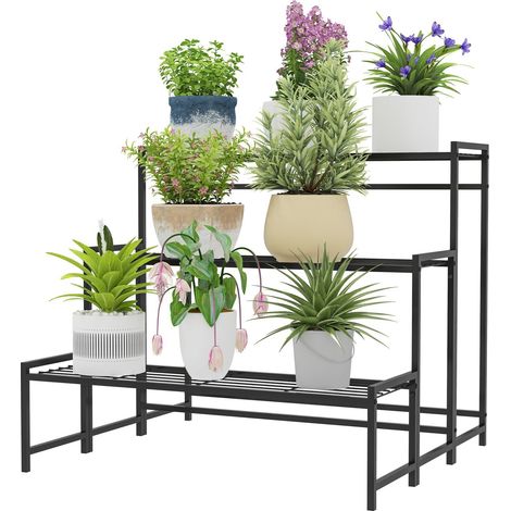 3-Etagen Pflanzenständer, Blumenständer für Innen Außen, Pflanzenregal aus Metall, mehrstöckig Blumenregal, 66 cm hoch Blumentreppe für Wohnzimmer, Garten Balkon Deko, Schwarz Aosom (1/5)