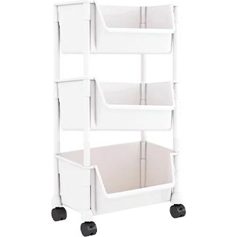 Étagère mobile étroite 3 niveaux, chariot de rangement multifonction cuisine salle de bain bureau avec roulettes, crochets et boîtes suspendues (1/5)