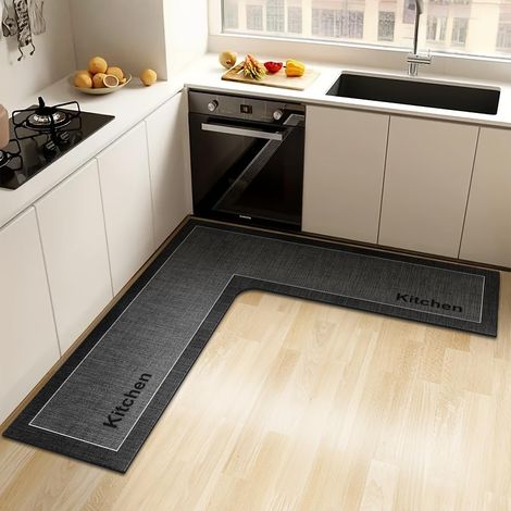 Alfombrilla de cocina lavable y antideslizante en forma de L para colocar frente al fregadero, de estilo moderno, absorbente y de secado rápido, ideal para lavadero, cocina y baño (Negro 2, 120x120cm) (1/5)
