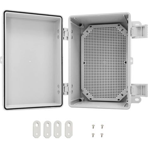 Boîte de jonction avec couvercle à charnière en acier inoxydable, boîtier électrique étanche IP65, boîtier en plastique ABS, 300 x 200 x 170 mm, plaque de montage et support mural inclus. (1/5)