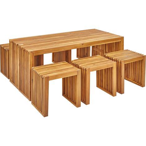 Garden Dining Set with Benches and Stools 6 Seater BELLANO Acacia Wood Brown