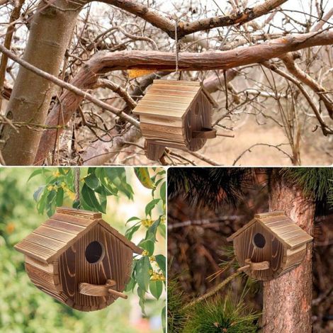 Nid à oiseaux - Cage en bois pour jardin - Pour oiseaux perchés - Entrée 30 mm - Extérieur ou balcon - 1 pièce (1/5)