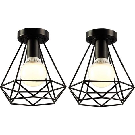2 Pack Plafonniers Industrielles 20cm Métal Cage Noir Vintage Suspension Luminaire Rétro Lampe de Plafond E27 Luminaire d'eclairage pour Salon Chambre Café Bar Restaurent - Forme Diamant (1/5)