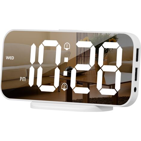 Réveil numérique pour chambre, horloge miroir LED de 6,7 pouces avec 2 ports de chargement USB et double alarme, jour de la semaine/fonction snooze facile...