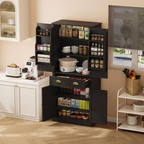 Meuble rangement 182cm noir - 4 portes + 1 tiroir - 6 compartiments & 4 étagères réglables - Cuisine/salon (1/5)