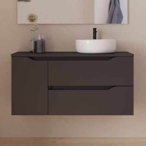 Meuble de salle de bain 100cm avec plateau et vasque à poser déportée à droite Ares - sans miroir - 2 tiroirs et un placard - noir - ZARZA