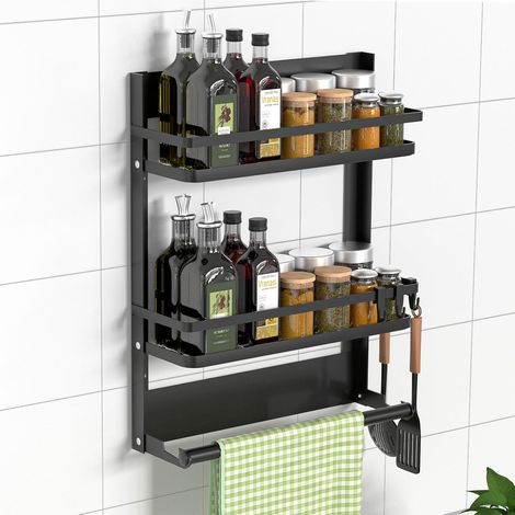1 - Étagère Murale - Porte-épices - Pliable Sans Perçage Avec Porte-Rouleau Et 4 Crochets Pour Cuisine Salle De Bain Réfrigérateur Inox Noir 30x11x40cm